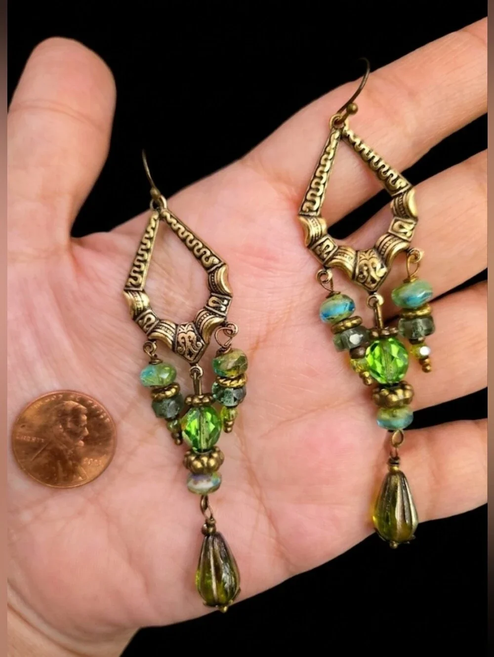 FIESTA Green Glass & Crystal In Artisan Antique Bronze Victorian Style Earrings